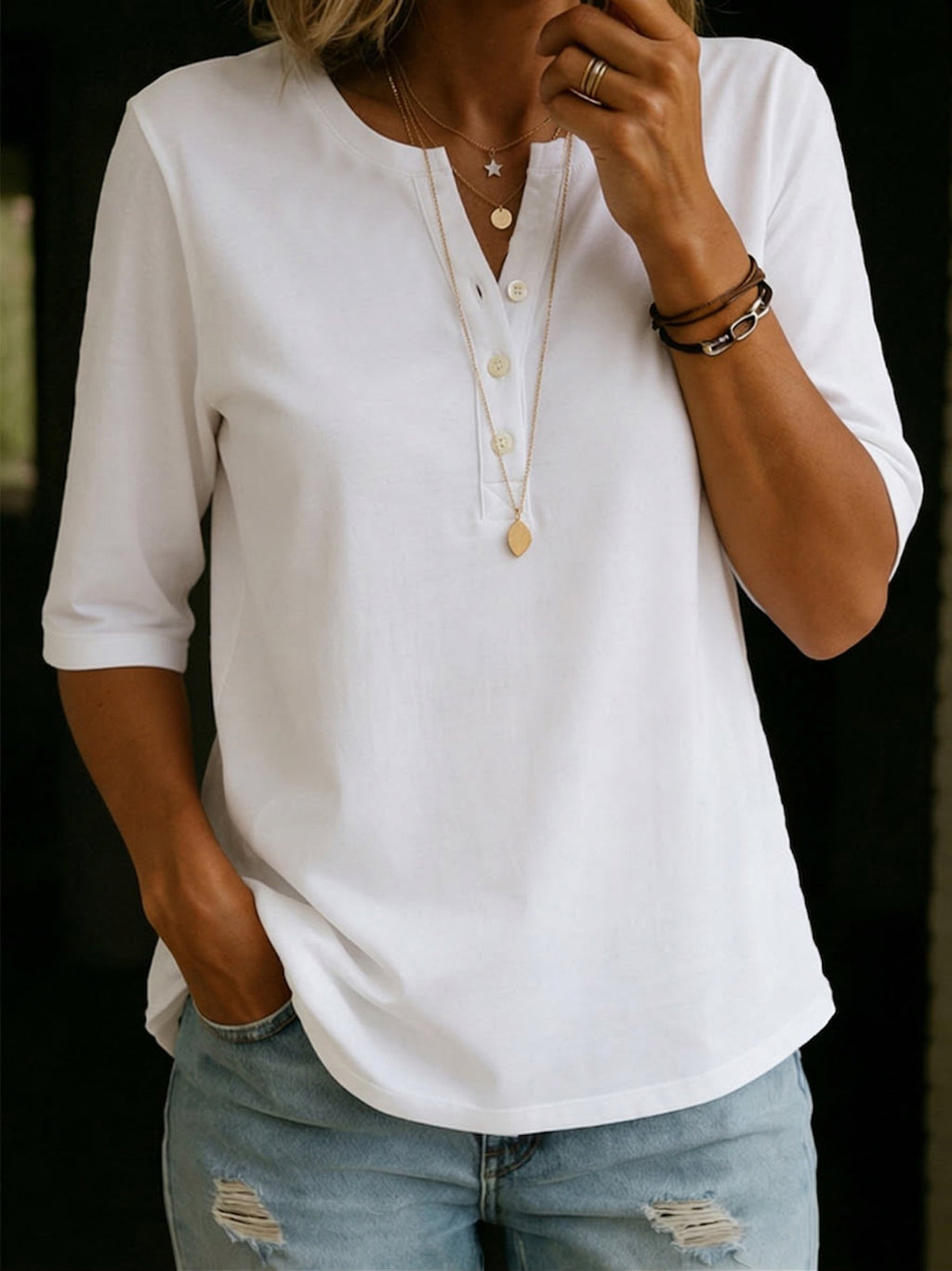 Button placket Henley top for women in cotton